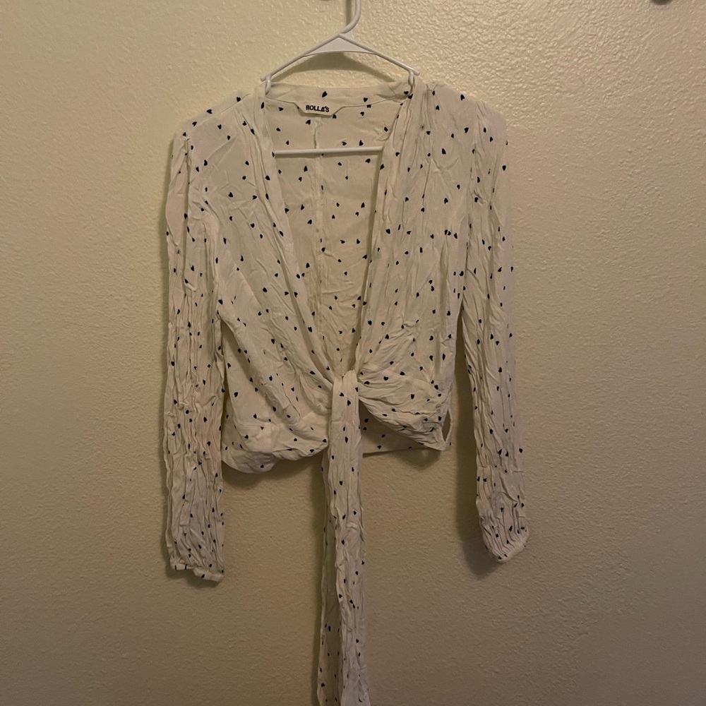 Rollas white Tie-Front Blouse with Black Dots